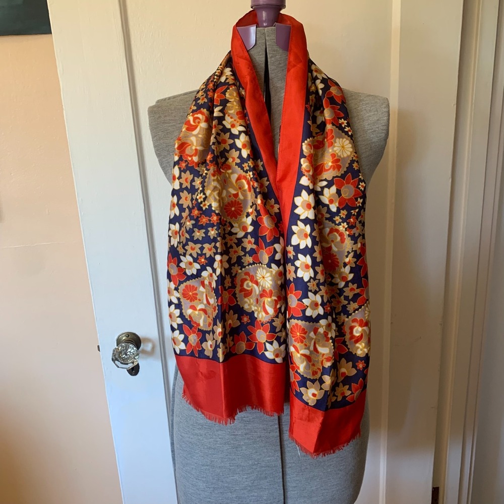 Vintage Floral Paisley Print Fringe Scarf Red Navy Blue Gold